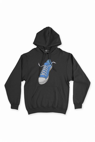 Sneaker Görselli Siyah Kapşonlu Sweatshirt Hoodie