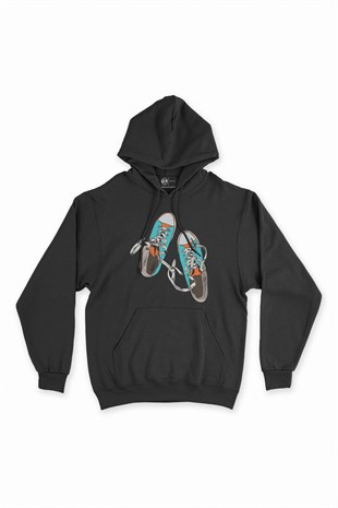 Sneakers Görselli Siyah Kapşonlu Sweatshirt Hoodie