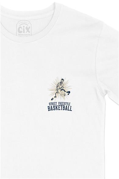 Sokak Basketbolu Cep Tasarım Baskılı Beyaz Tişört