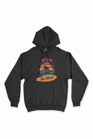 Sörf Dalgalı Siyah Kapşonlu Sweatshirt Hoodie