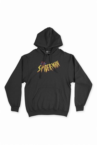 Spiderman Logolu Siyah Kapşonlu Sweatshirt Hoodie