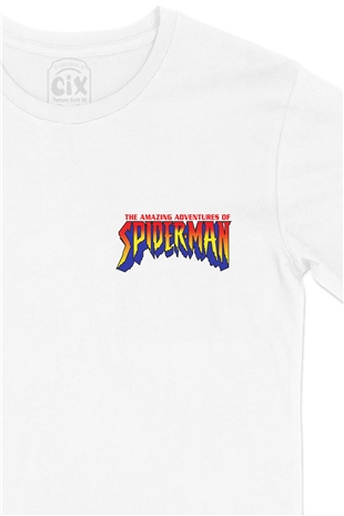 Spiderman Maceraları Cep Logo Tasarımlı Beyaz Tişört