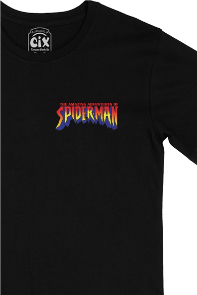 Spiderman Maceraları Cep Logo Tasarımlı Siyah Tişört