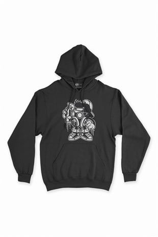 Spreyli Maskot Siyah Kapşonlu Sweatshirt Hoodie