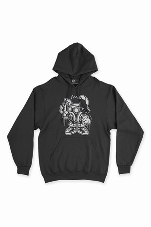 Spreyli Maskot Siyah Kapşonlu Sweatshirt Hoodie