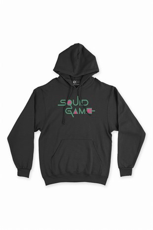 Squid Game Yazılı Siyah Kapşonlu Sweatshirt Hoodie