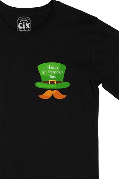 St Patricks Day Şapkalı Cep Logo Tasarımlı Siyah Tişört