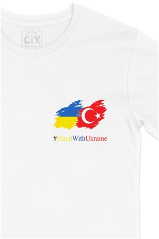 Stand With Ukraine Ukrayna Türkiye Cep Logo Tasarımlı Beyaz Tişört