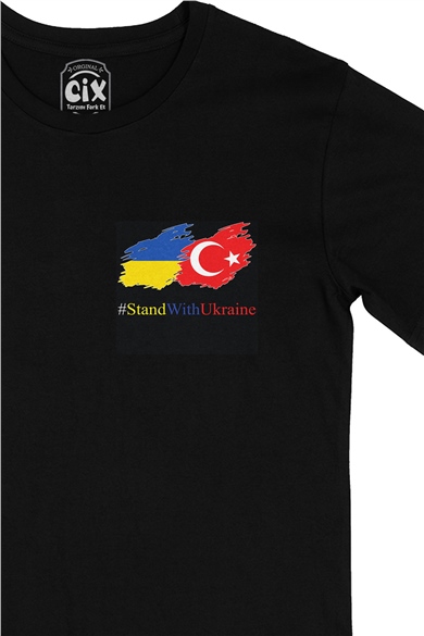 Stand With Ukraine Ukrayna Türkiye Cep Logo Tasarımlı Siyah Tişört