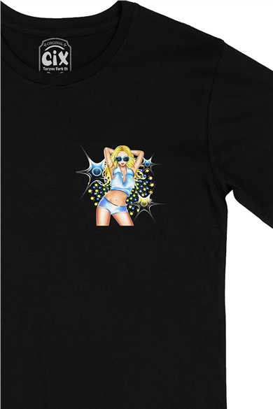 Star Girl Cep Logo Tasarımlı Siyah Tişört