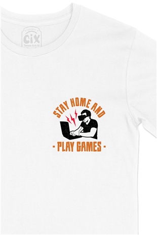 Stay Home Play Game Cep Logo Tasarımlı Beyaz Tişört