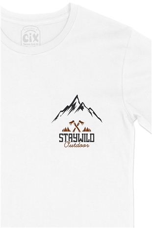 Stay Wild Outdoor Cep Logo Tasarımlı Beyaz Tişört