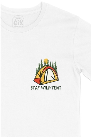 Stay Wild Tent Cep Logo Tasarımlı Beyaz Tişört