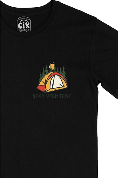 Stay Wild Tent Cep Logo Tasarımlı Siyah Tişört