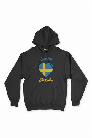 Stockholm İsveç Bayraklı Kalpli Siyah Sweatshirt Hoodie