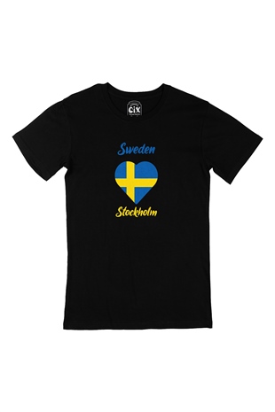 Stockholm İsveç Bayraklı Kalpli Siyah Tişört