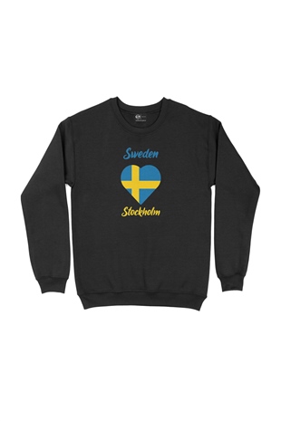 Stockholm İsveç Bayraklı Kalpli Siyah Sweatshirt