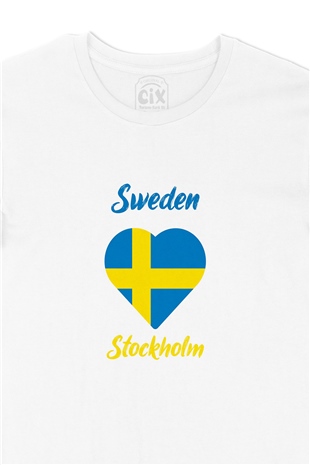 Stockholm İsveç Bayraklı Kalpli Tişört