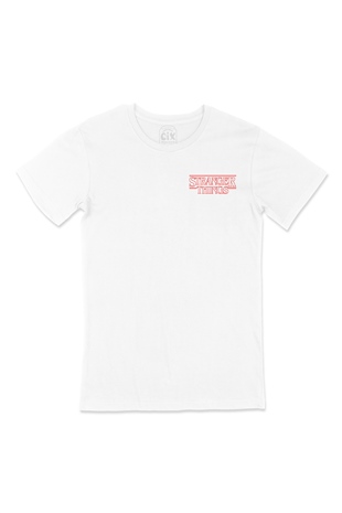 Stranger Things Çizgili Cep Logo Tasarımlı Beyaz Tişört