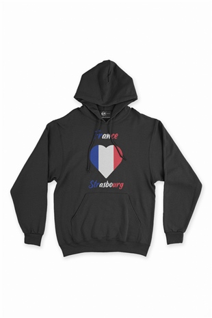 Strazburg Fransa Bayraklı Kalpli Siyah Sweatshirt Hoodie