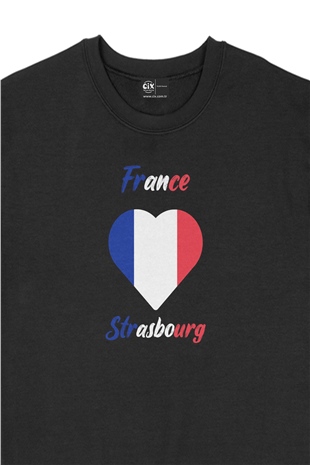 Strazburg Fransa Bayraklı Kalpli Siyah Sweatshirt