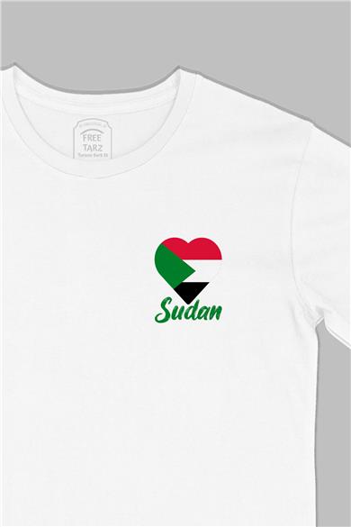 Sudan Kalp Baskılı Cep Tasarım Beyaz Tişört
