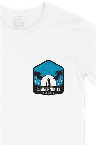 Summer Nights Cep Logo Tasarımlı Beyaz Tişört