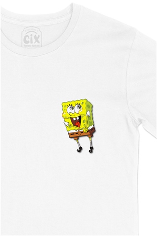 Sünger Bob Cep Logo Tasarımlı Beyaz Tişört