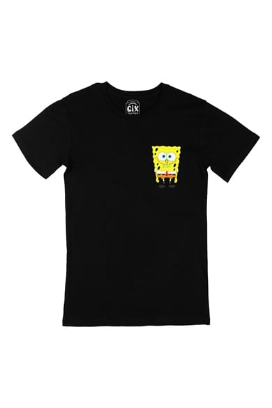 Sünger Bob Tasarımlı Cep Logo Tasarımlı Siyah Tişört