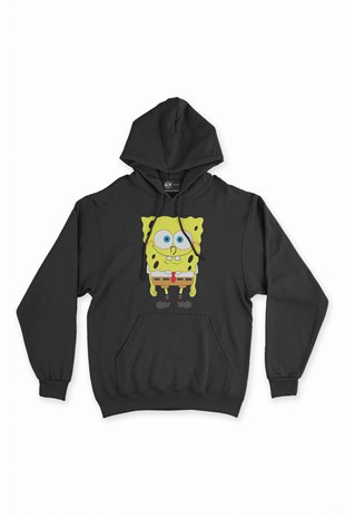Sünger Bob Tasarımlı Siyah Kapşonlu Sweatshirt Hoodie