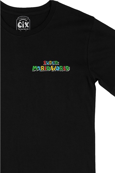 Super Mario World Cep Logo Tasarımlı Siyah Tişört