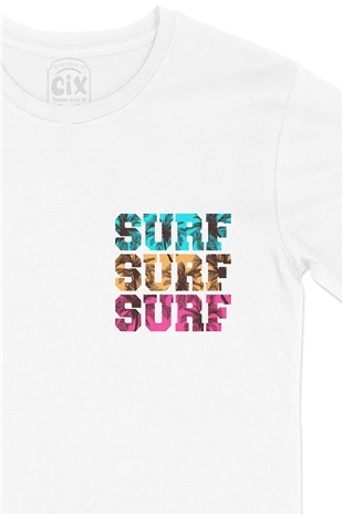 Surf Surf Surf Cep Logo Tasarımlı Beyaz Tişört