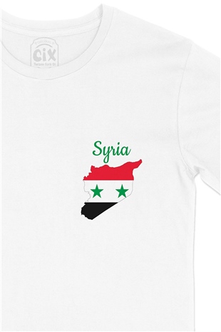 Suriye Haritalı ve Bayraklı Cep Logo Tasarımlı Beyaz Tişört