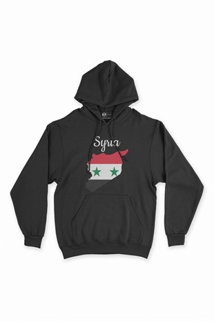 Suriye Haritalı ve Bayraklı Siyah Kapşonlu Sweatshirt Hoodie