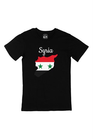 Suriye Haritalı ve Bayraklı Siyah Tişört