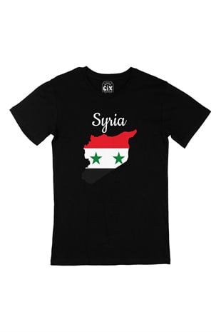 Suriye Haritalı ve Bayraklı Siyah Tişört