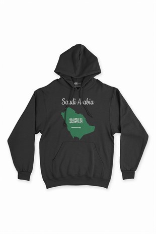 Suudi Arabistan Haritalı ve Bayraklı Siyah Kapşonlu Sweatshirt Hoodie