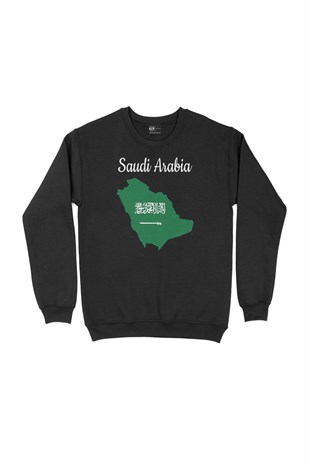 Suudi Arabistan Haritalı ve Bayraklı Siyah Sweatshirt