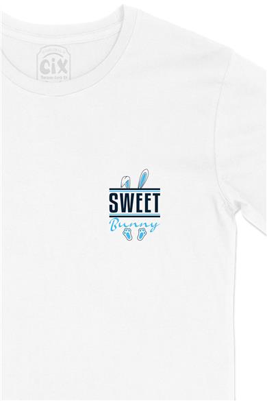 Sweet Bunny Tavşan Cep Tasarım Baskılı Beyaz Tişört