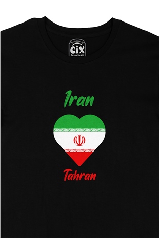 Tahran İran Bayraklı Kalpli Siyah Tişört