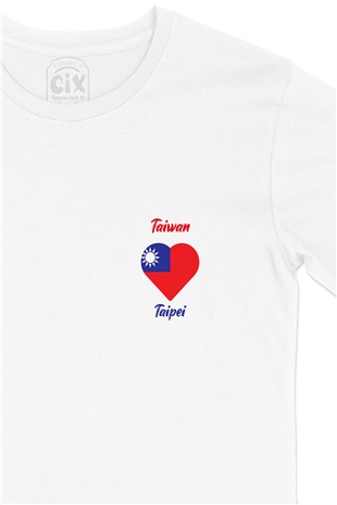 Taipei Tayvan Bayraklı Kalpli Cep Logo Tasarımlı Beyaz Tişört