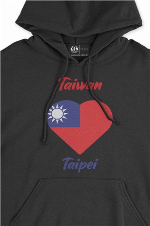 Taipei Tayvan Bayraklı Kalpli Siyah Sweatshirt Hoodie