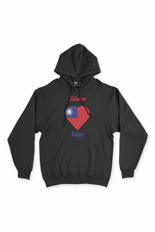 Taipei Tayvan Bayraklı Kalpli Siyah Sweatshirt Hoodie