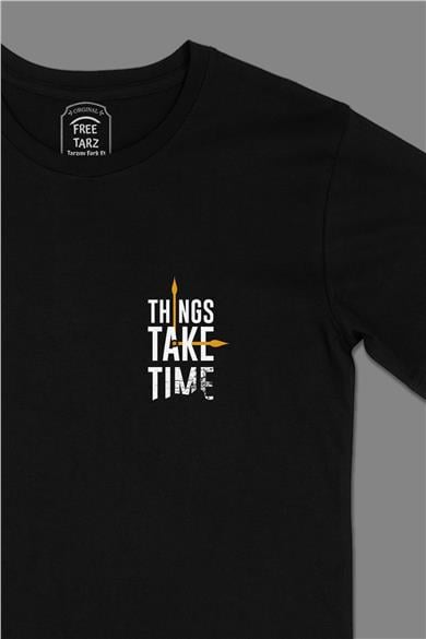 Takes Time Motivasyon Cep Tasarımlı Siyah Tişört