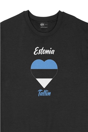 Talin Estonya Bayraklı Kalpli Siyah Sweatshirt