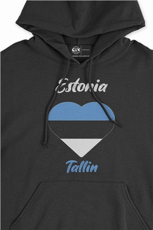 Talin Estonya Bayraklı Kalpli Siyah Sweatshirt Hoodie