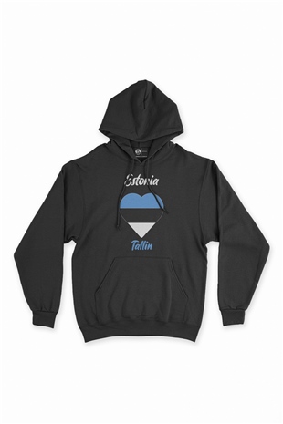 Talin Estonya Bayraklı Kalpli Siyah Sweatshirt Hoodie