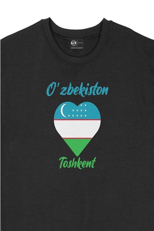 Taşkent Özbekistan Bayraklı Kalpli Siyah Sweatshirt