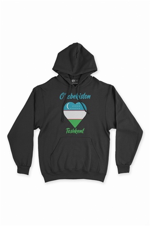 Taşkent Özbekistan Bayraklı Kalpli Siyah Sweatshirt Hoodie