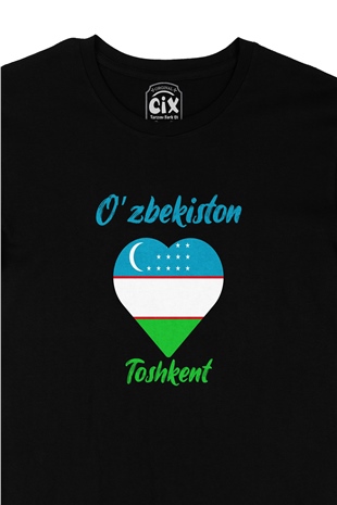 Taşkent Özbekistan Bayraklı Kalpli Siyah Tişört
